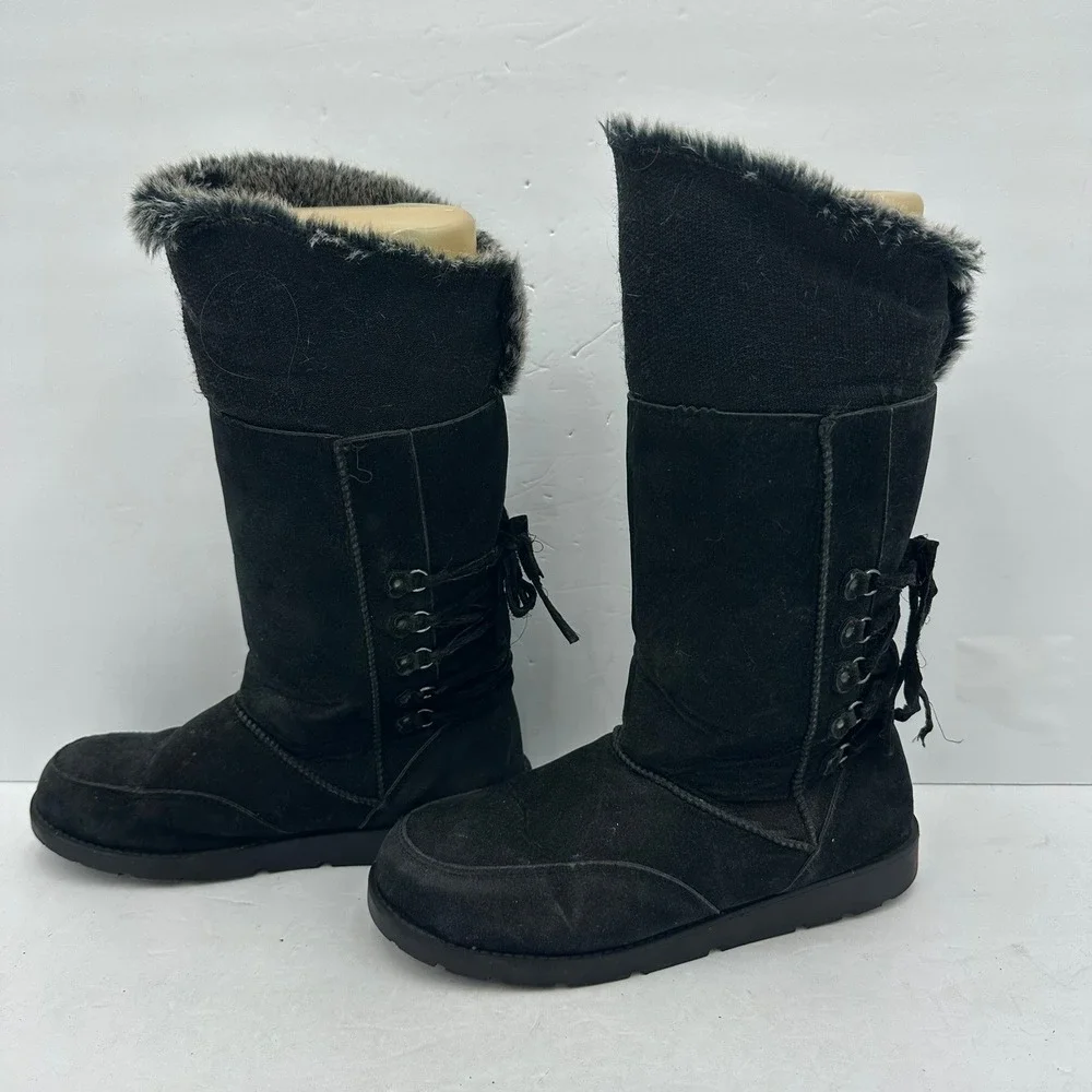 Rampage Aligner Womens Y2K Black Faux Fur Trim Back Lace Up Size 7.5 Bratz Goth